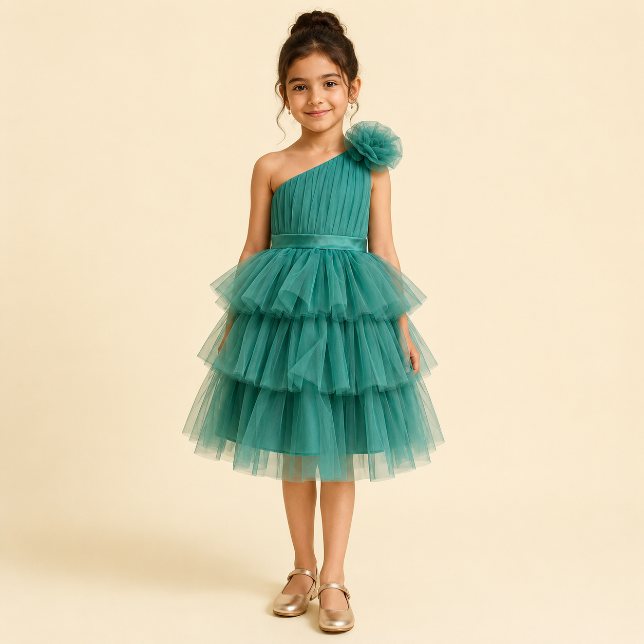 Emerald Blossom One-Shoulder Dress