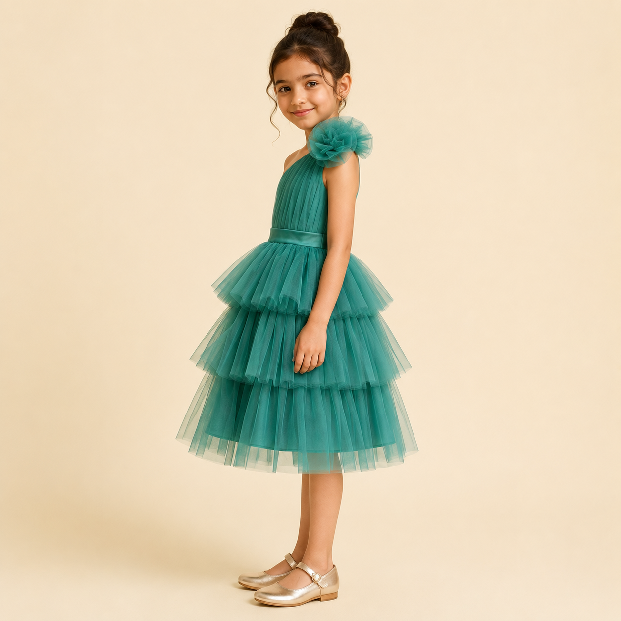 Emerald Blossom One-Shoulder Dress
