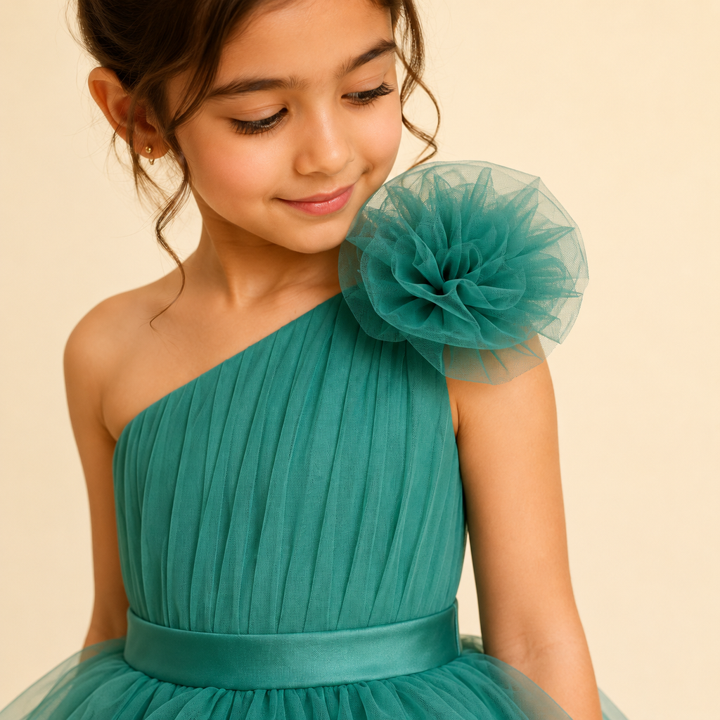 Emerald Blossom One-Shoulder Dress