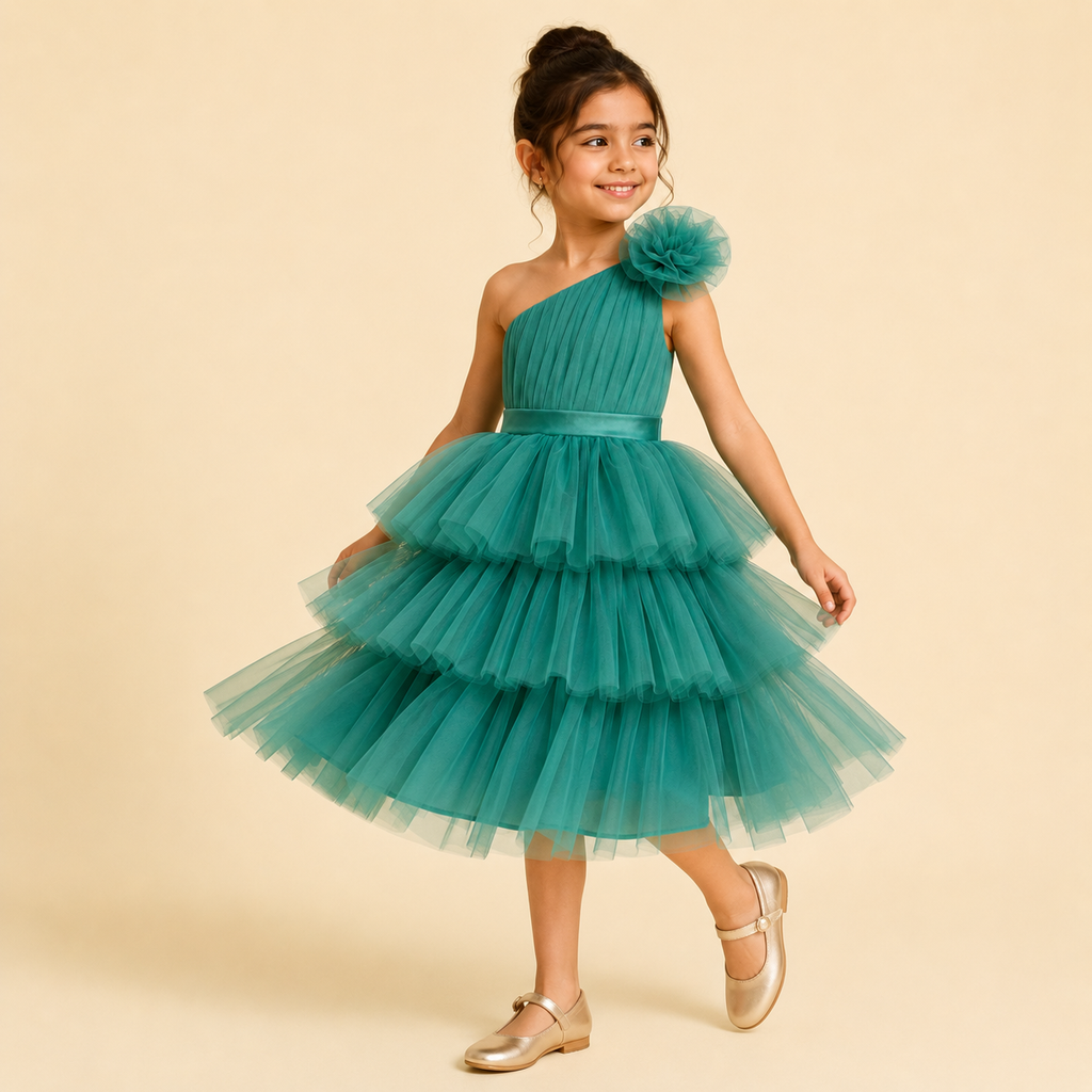 Emerald Blossom One-Shoulder Dress