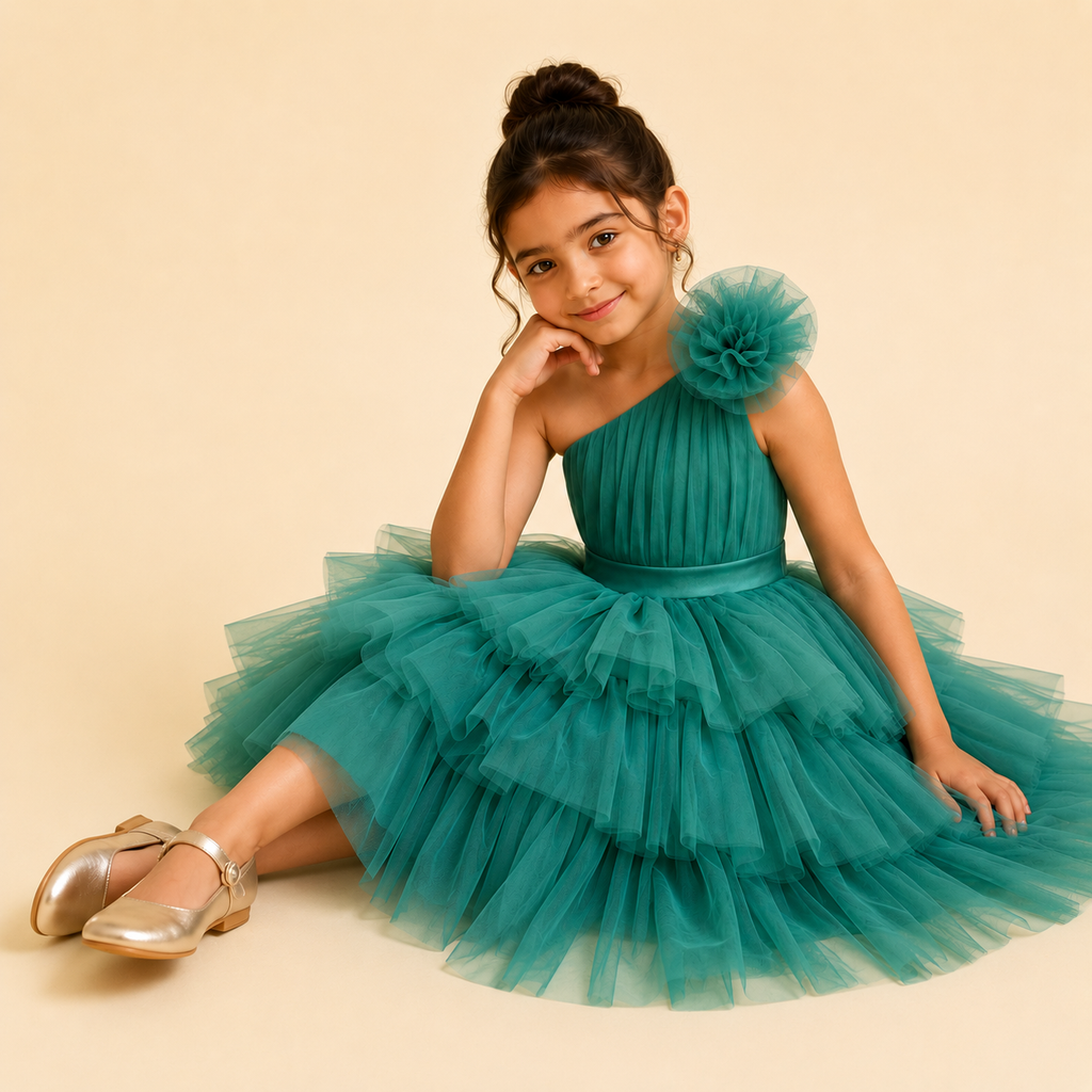 Emerald Blossom One-Shoulder Dress