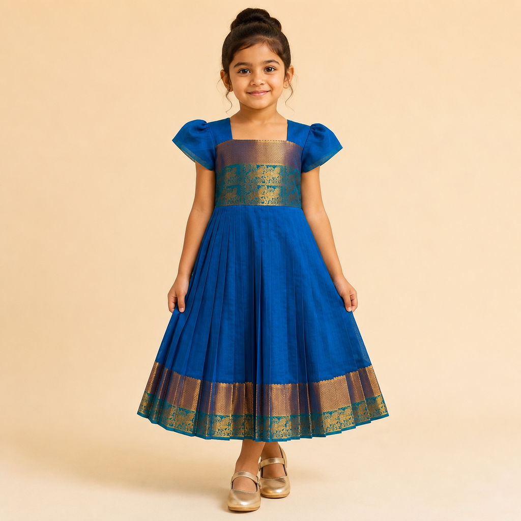 Royal Blue Zari Pleated Ethnic Dress