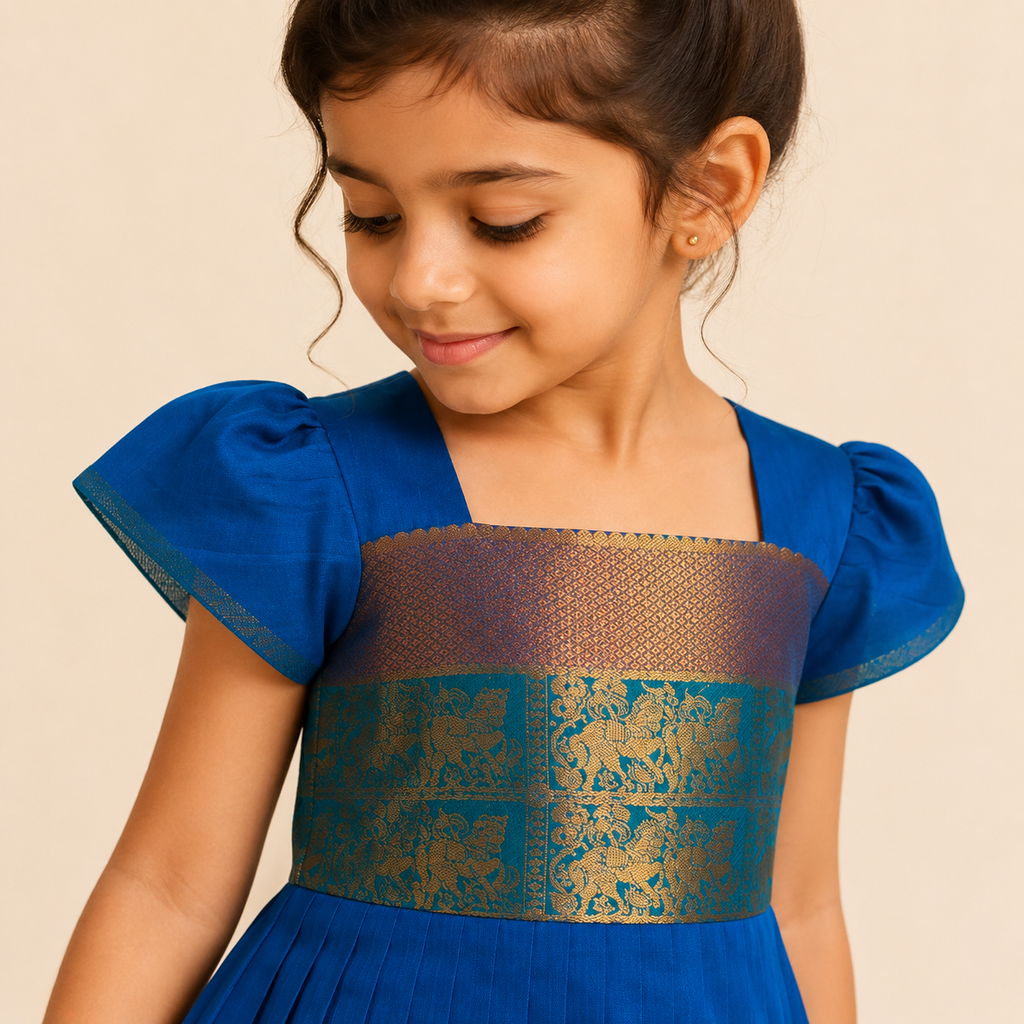 Royal Blue Zari Pleated Ethnic Dress