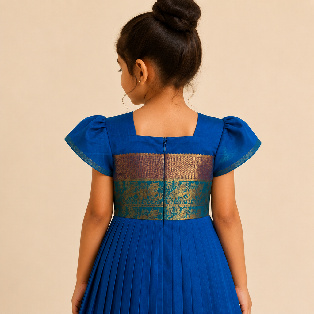 Royal Blue Zari Pleated Ethnic Dress