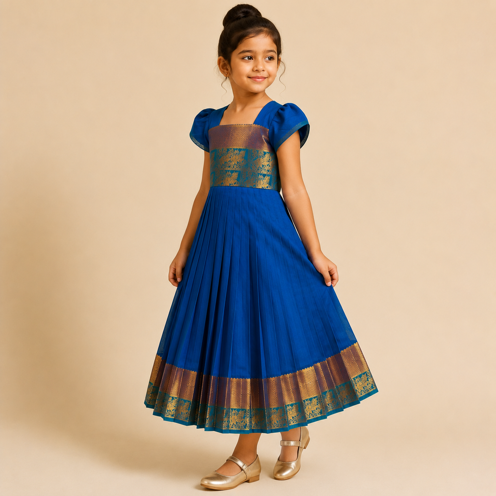 Royal Blue Zari Pleated Ethnic Dress