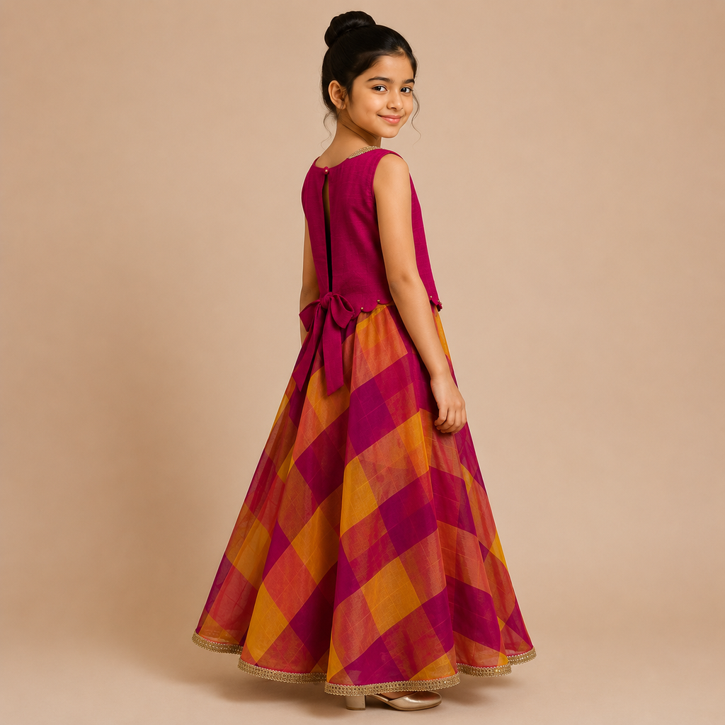 Royal Fuchsia Checkered Silk Gown
