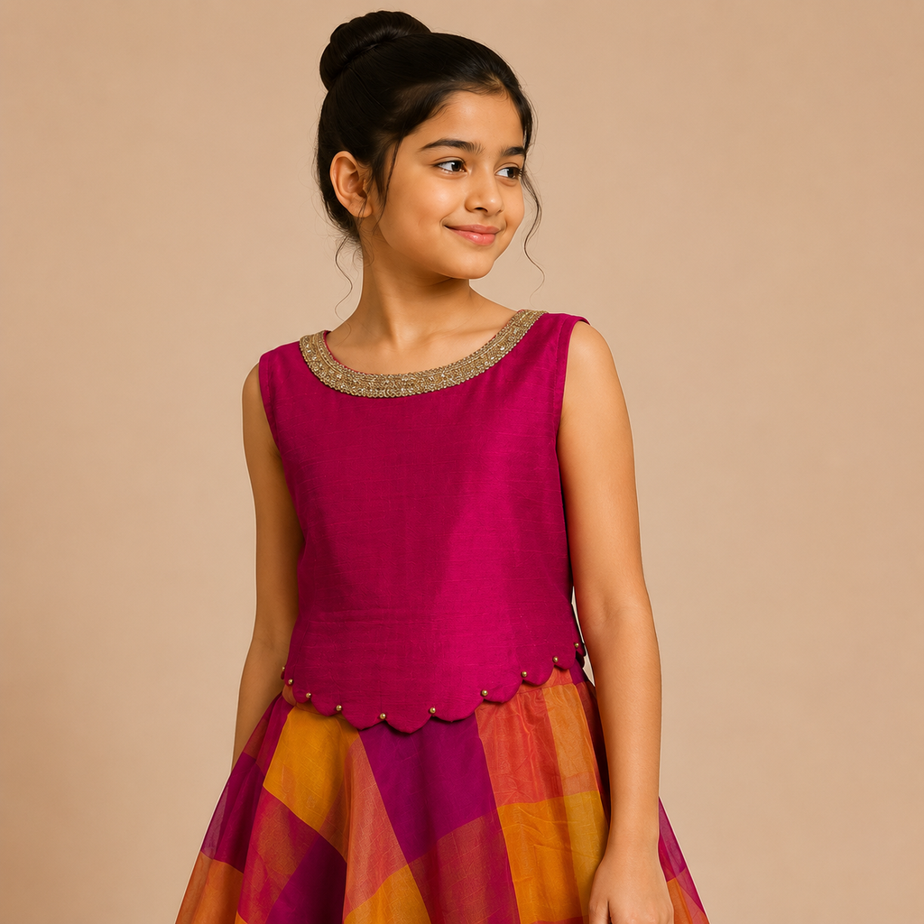Royal Fuchsia Checkered Silk Gown