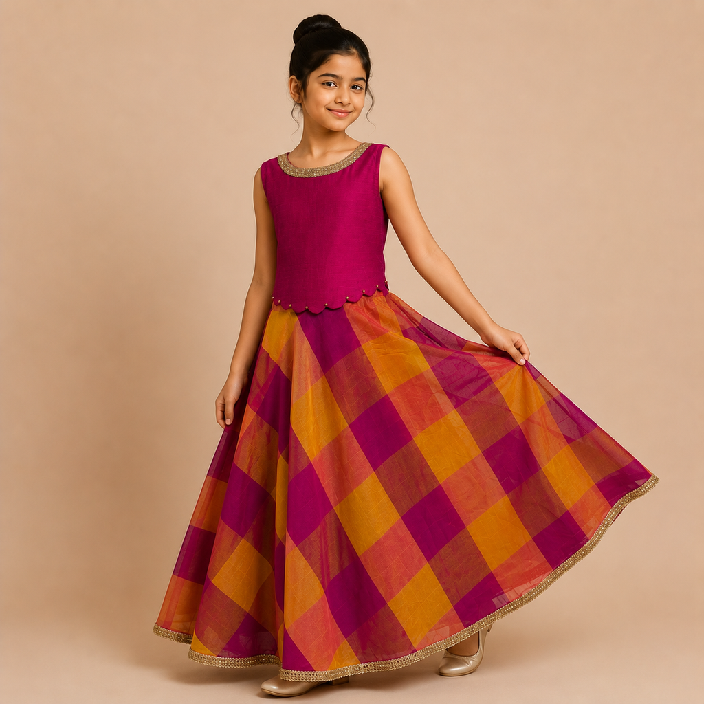Royal Fuchsia Checkered Silk Gown
