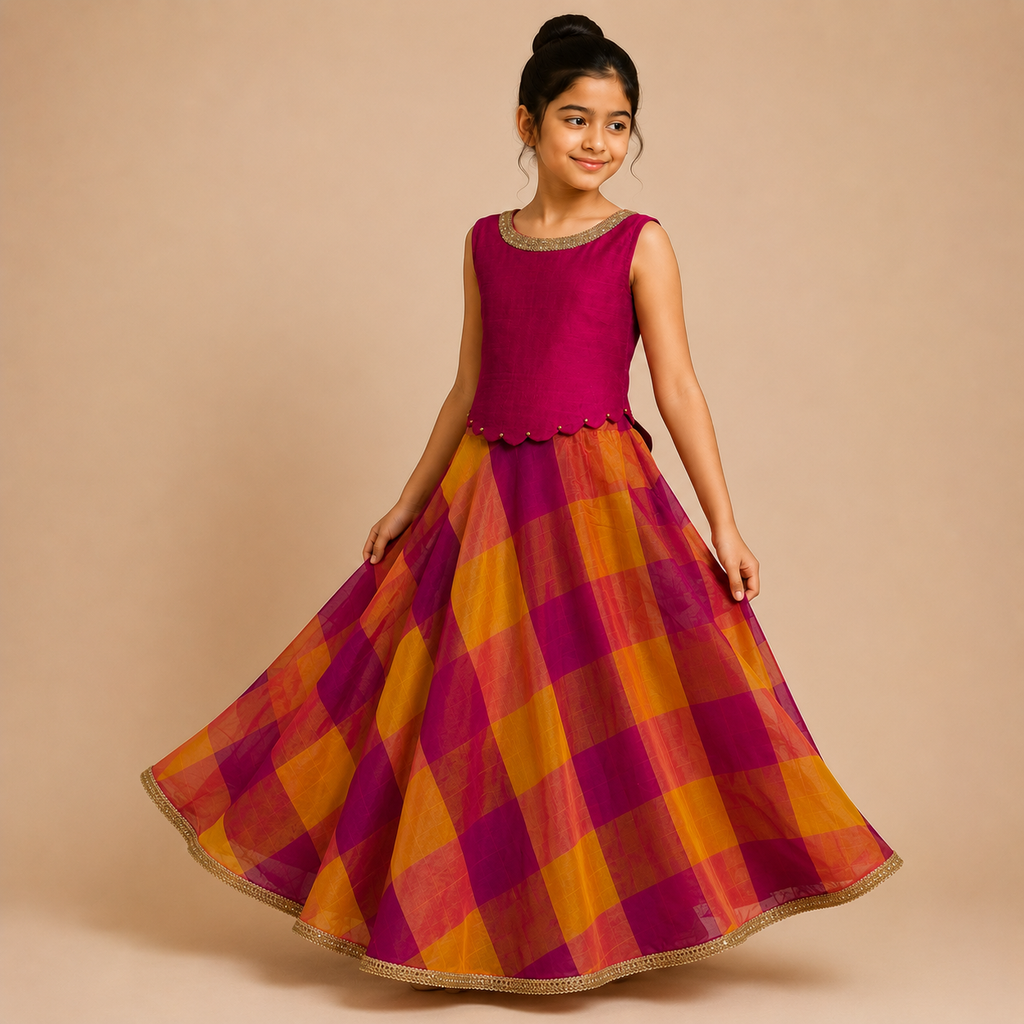 Royal Fuchsia Checkered Silk Gown