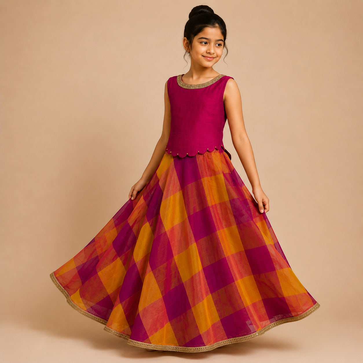 Royal Fuchsia Checkered Silk Gown