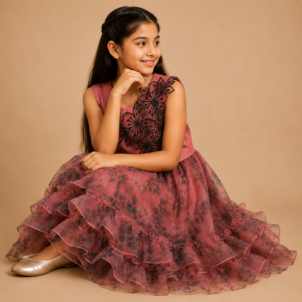 Rose Noir Floral Ruffle Gown