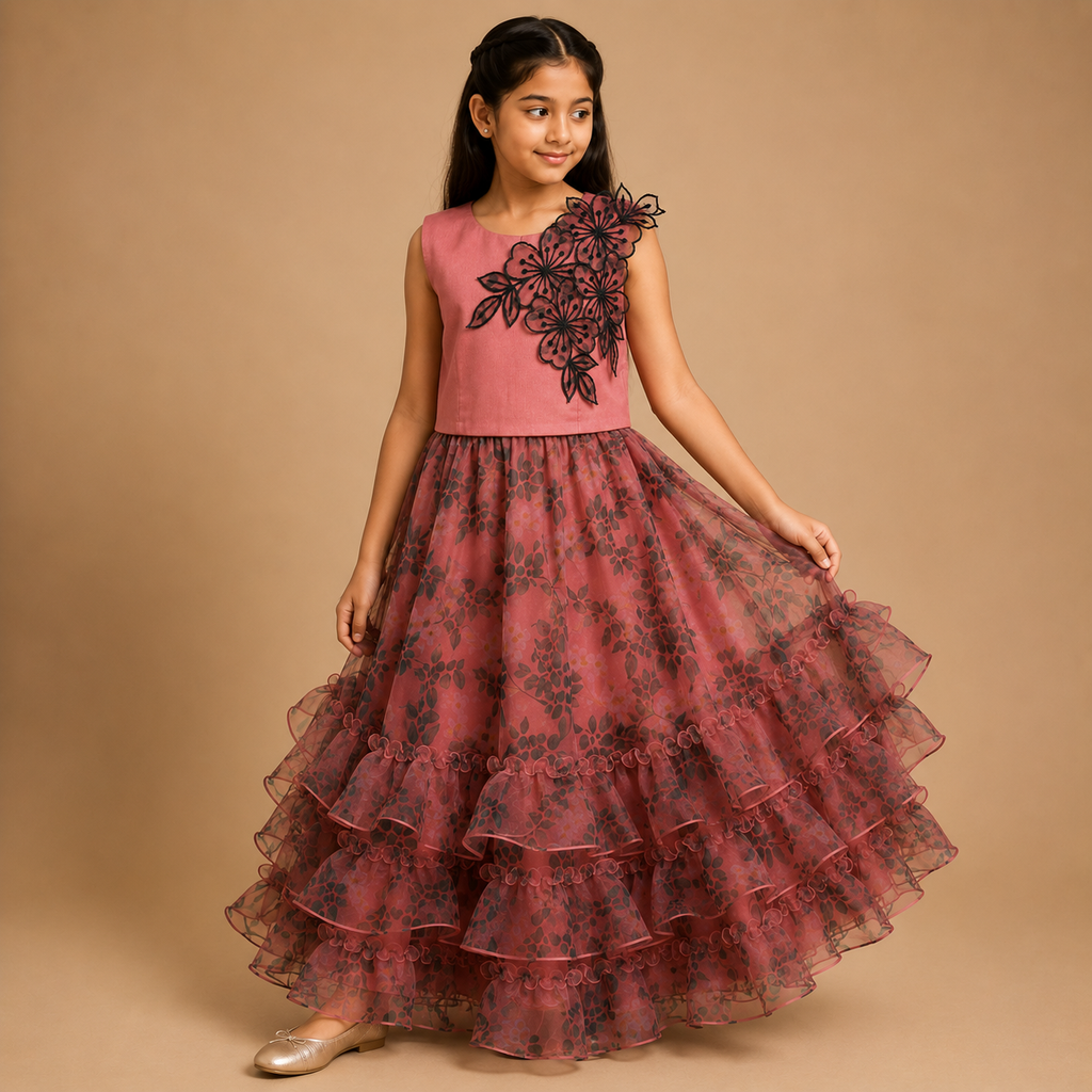 Rose Noir Floral Ruffle Gown