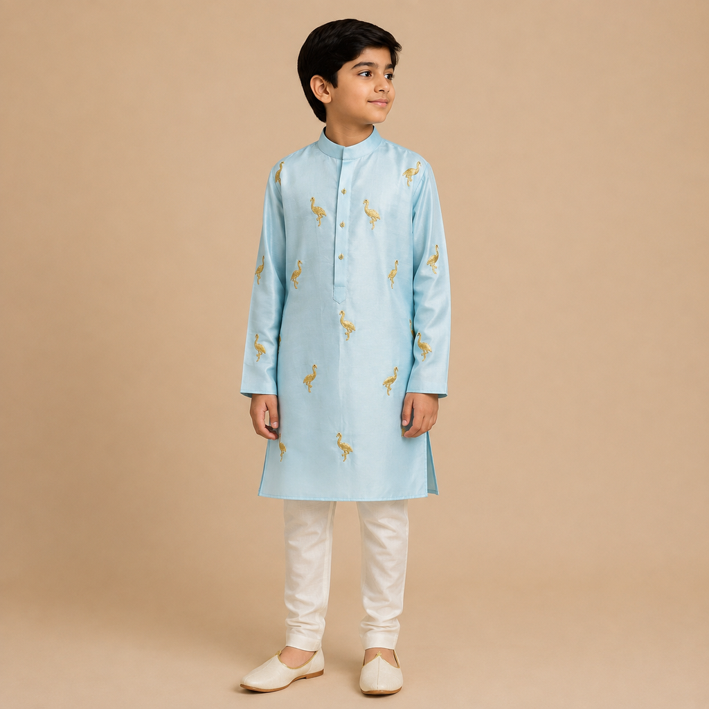 Sky Blue Crane Embroidered Kurta Set