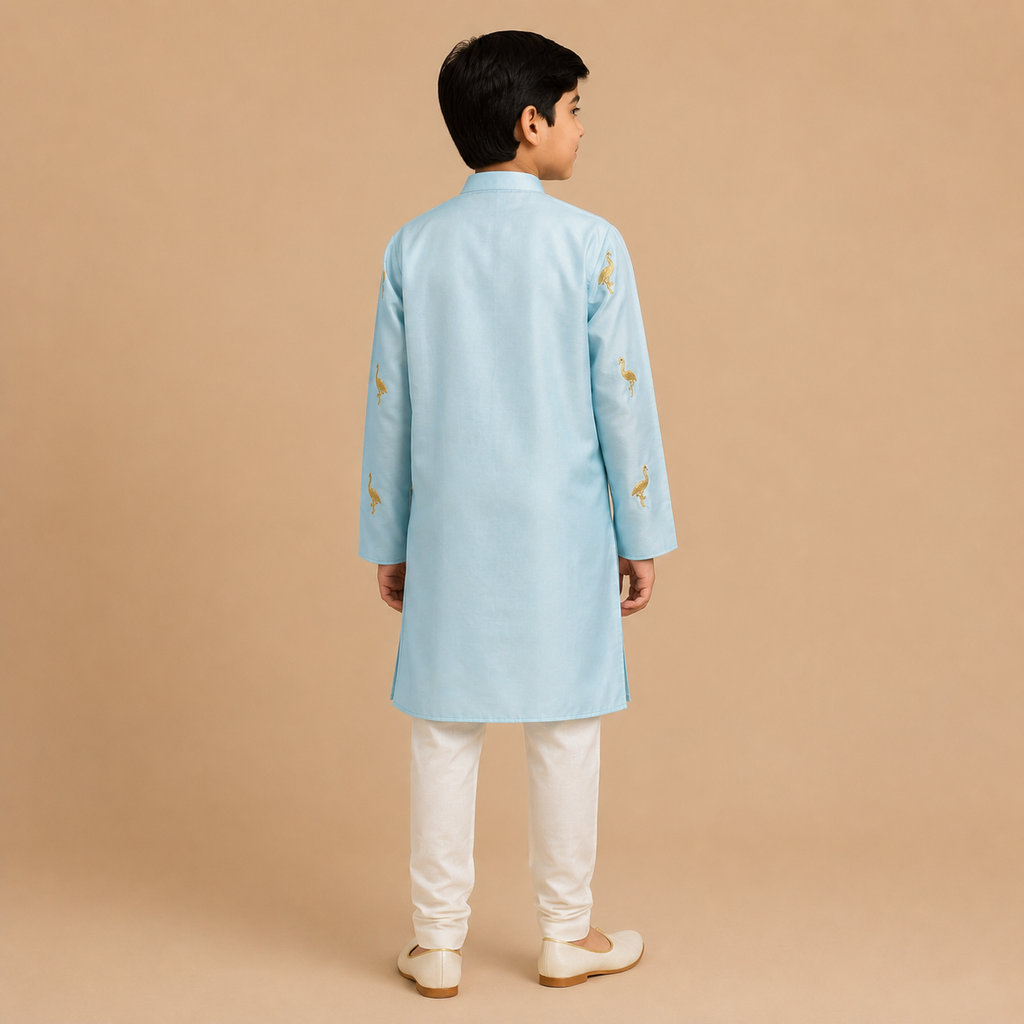 Sky Blue Crane Embroidered Kurta Set