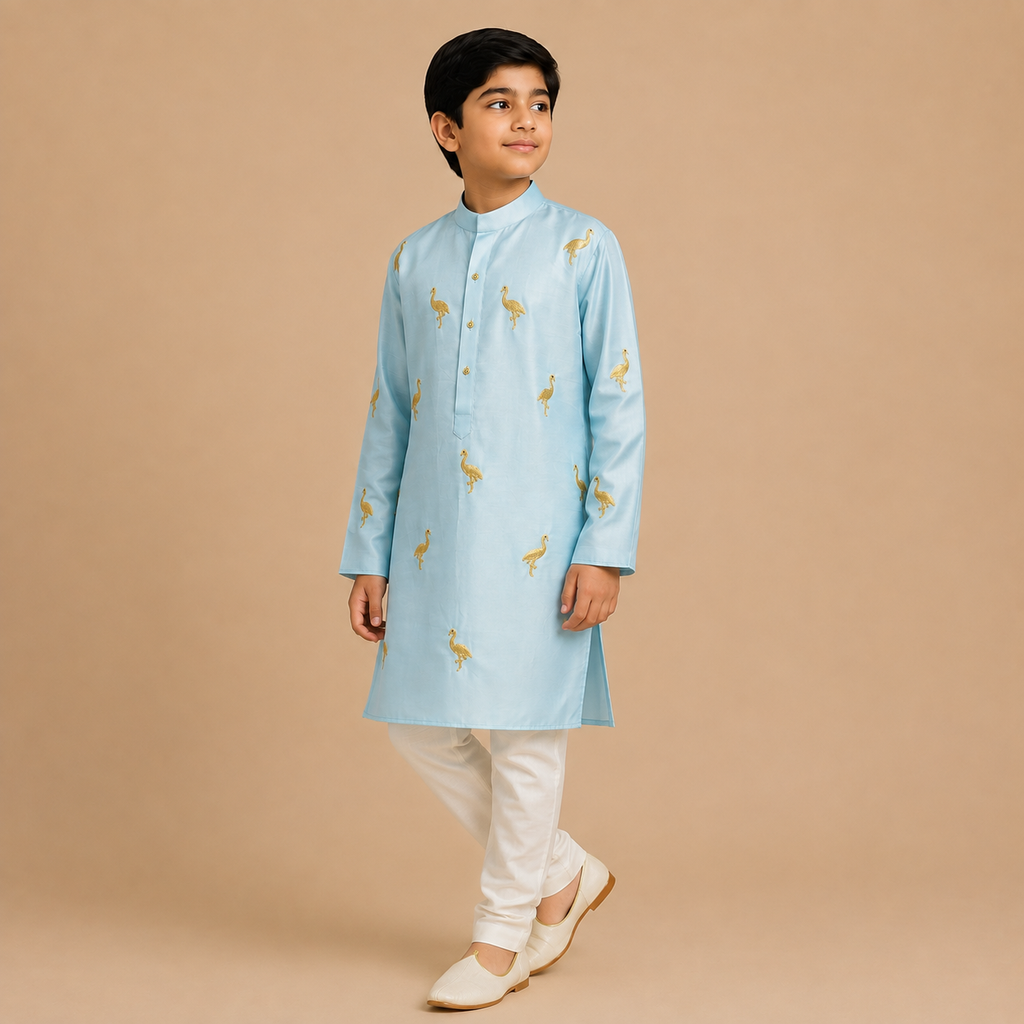Sky Blue Crane Embroidered Kurta Set