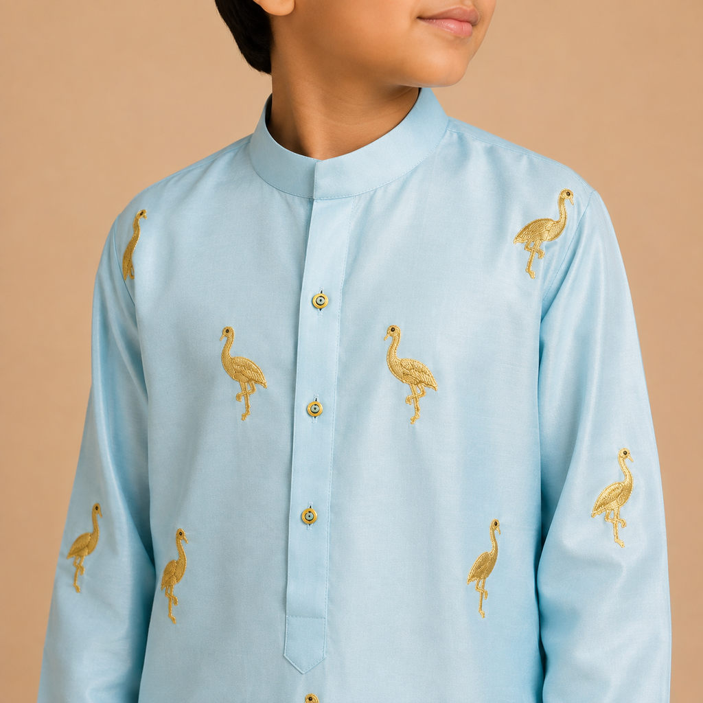 Sky Blue Crane Embroidered Kurta Set