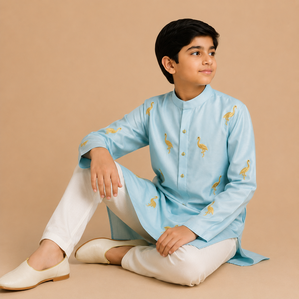 Sky Blue Crane Embroidered Kurta Set