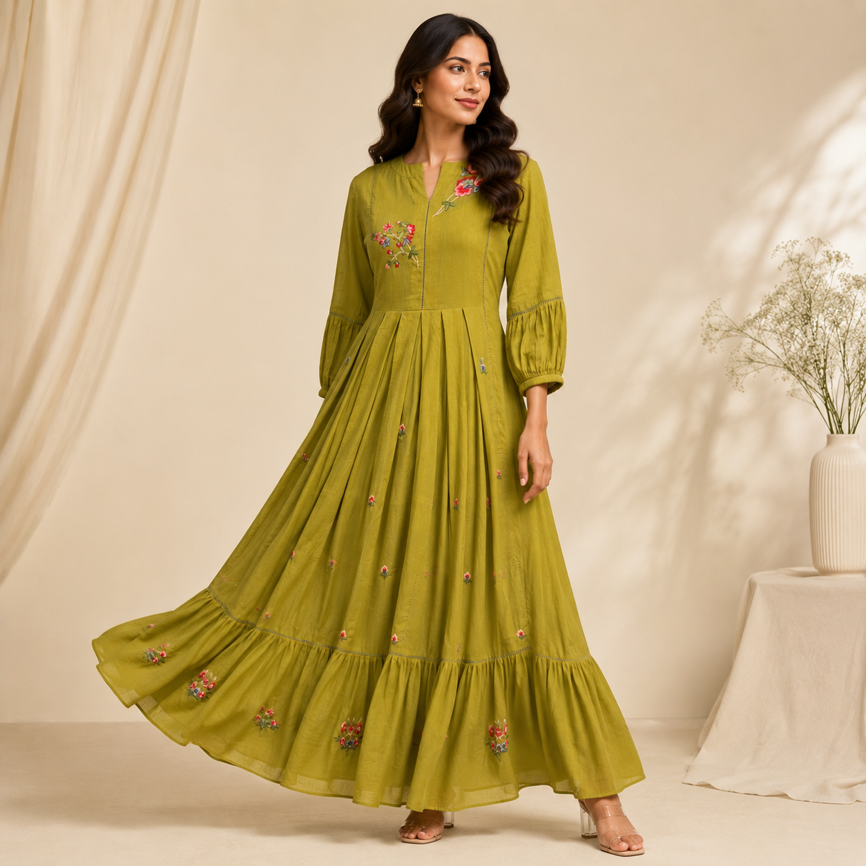 Olive Bloom Tiered Anarkali