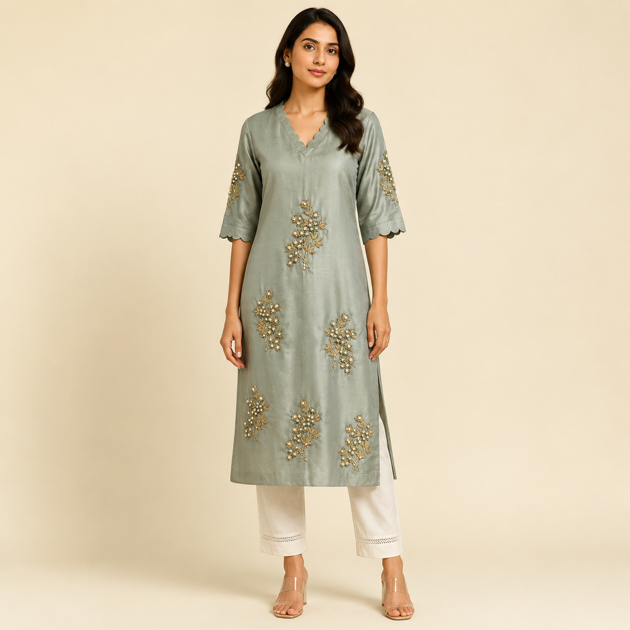 Meher Scalloped Embroidered Kurti Set