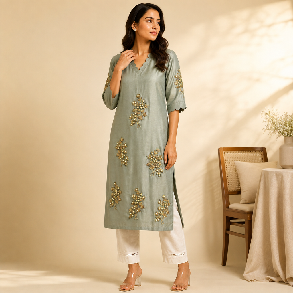 Meher Scalloped Embroidered Kurti Set