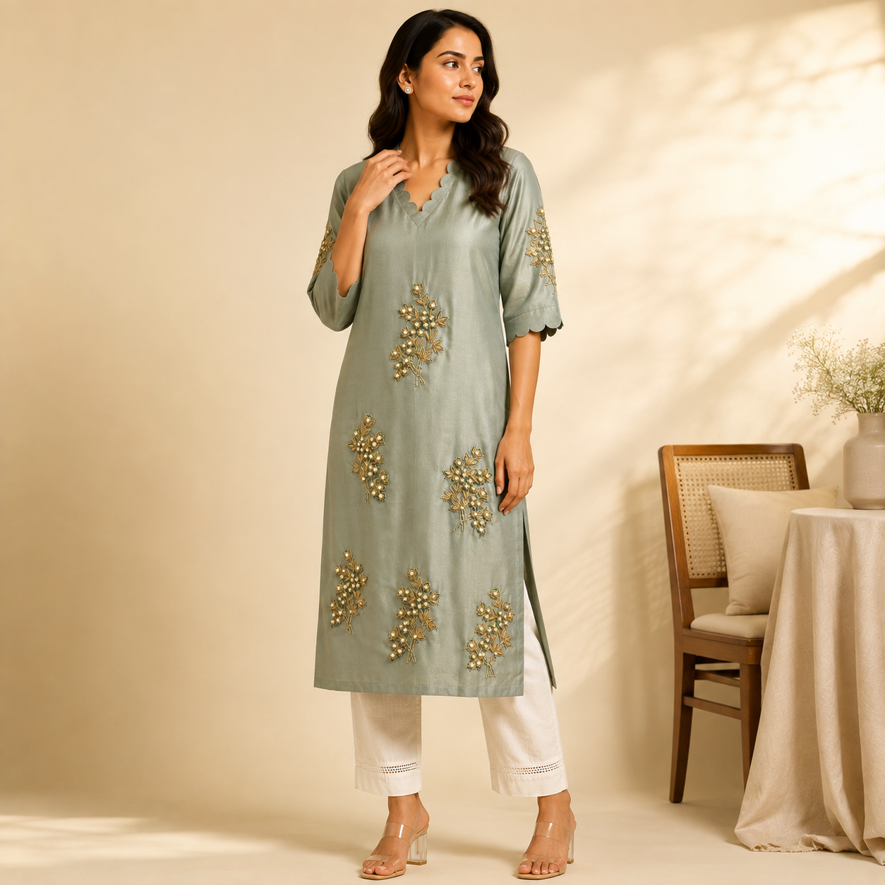 Meher Scalloped Embroidered Kurti Set