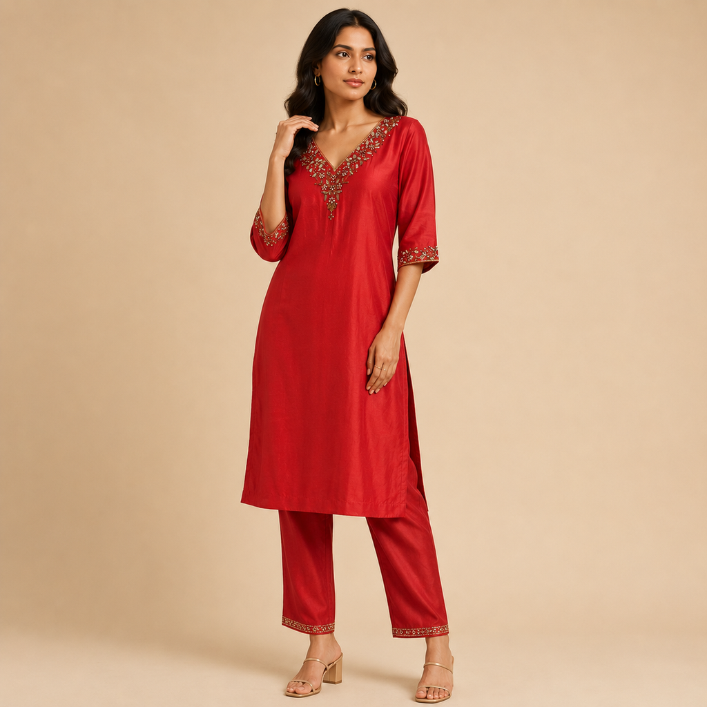 Aaradhya Crimson Embroidered Kurti Set