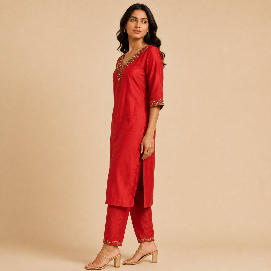 Aaradhya Crimson Embroidered Kurti Set