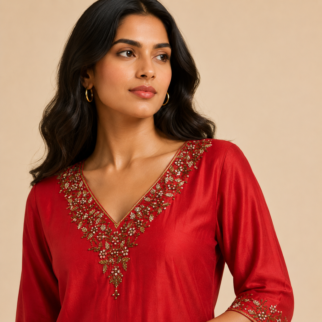 Aaradhya Crimson Embroidered Kurti Set