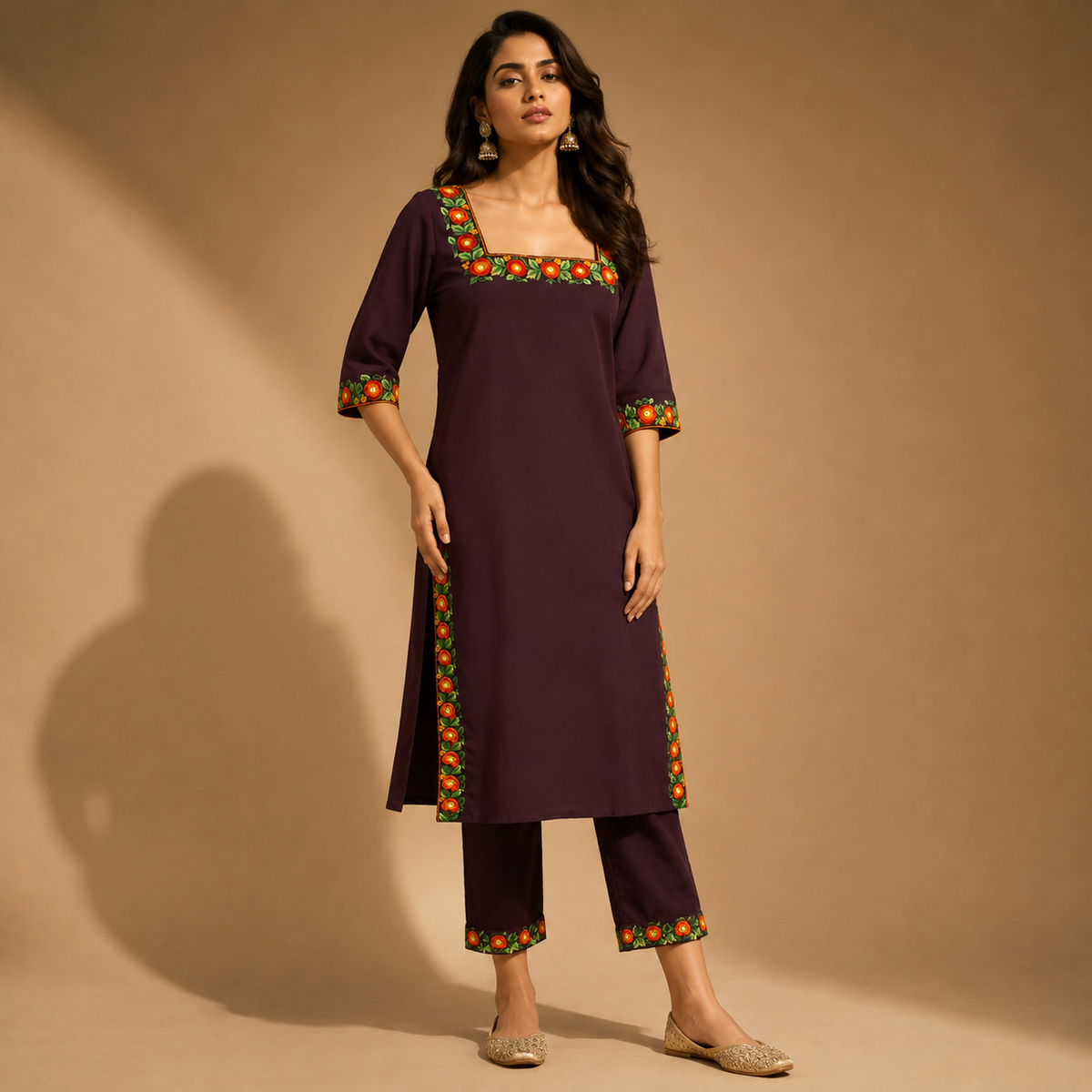 Gulnaar Plum Embroidered Kurti Set