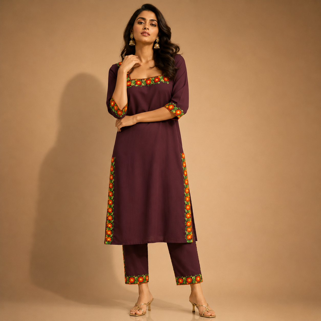 Gulnaar Plum Embroidered Kurti Set