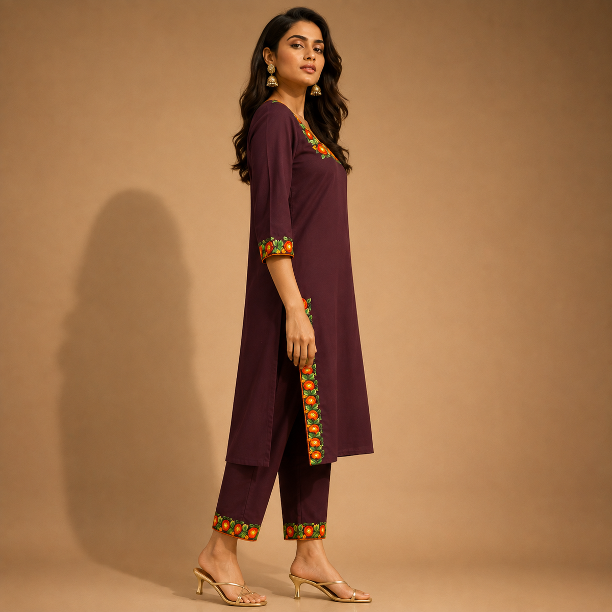 Gulnaar Plum Embroidered Kurti Set