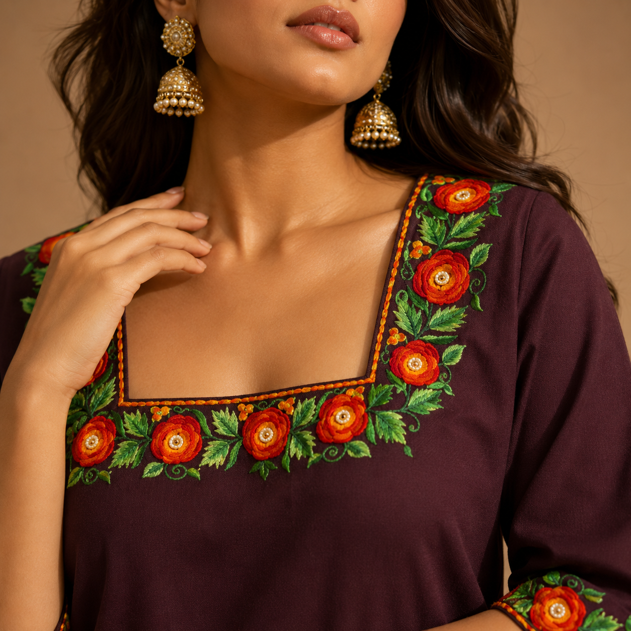 Gulnaar Plum Embroidered Kurti Set