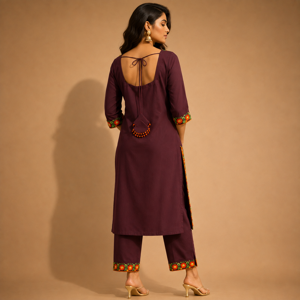 Gulnaar Plum Embroidered Kurti Set