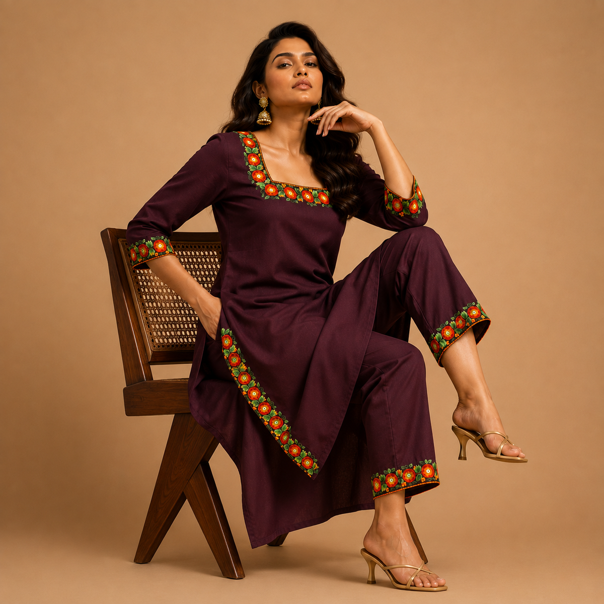 Gulnaar Plum Embroidered Kurti Set